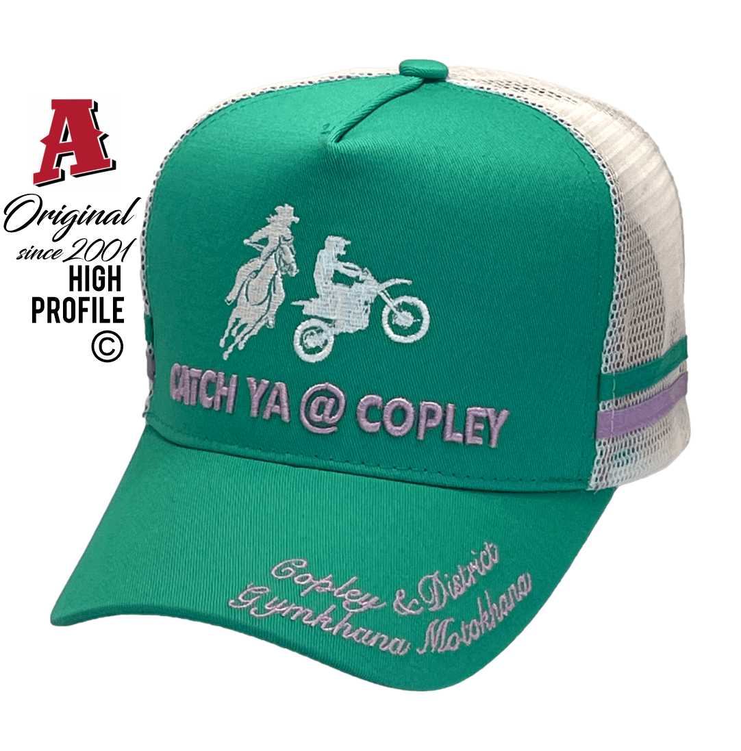 Copley & District Gymkhana Copley Leigh Creek SA Midrange Aussie Trucker Hats with Australian HeadFit Crown & double SideBands snapback rear closure Green Purple District Event