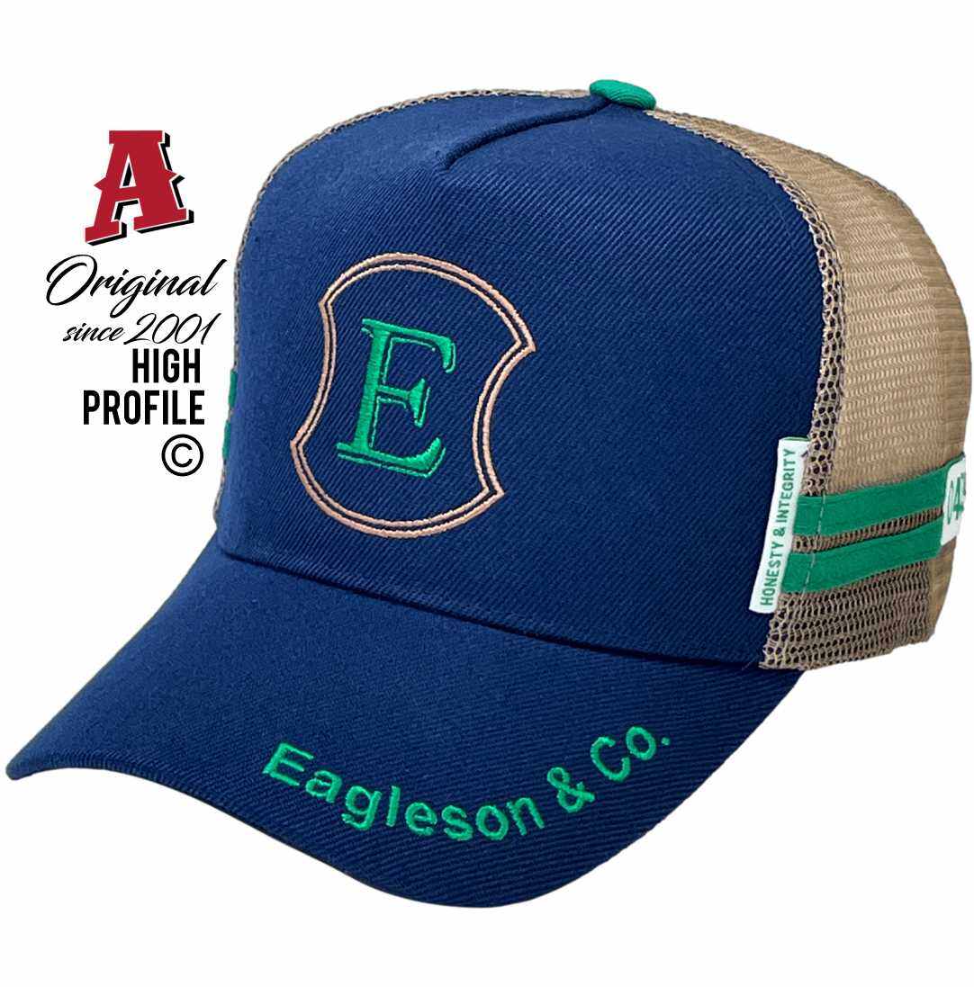 Eagleson & Co Livestock & Reality Kitoba QLD Midrange Aussie Trucker Hat with Australian HeadFit Crown with 2 SideBands & snapback rear closure blue & Khaki