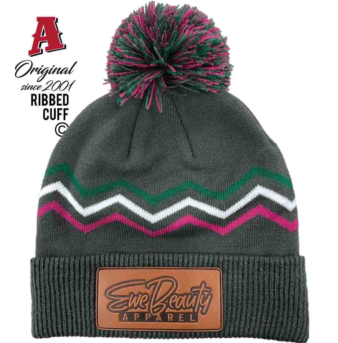 Ewe Beauty Apparel Ballen Vic Beanie Aussie Trucker Hats with Pom Pom & Ribbed Cuff Acrylic One Size Fits All Charcoal Maroon Green White Zig Zag