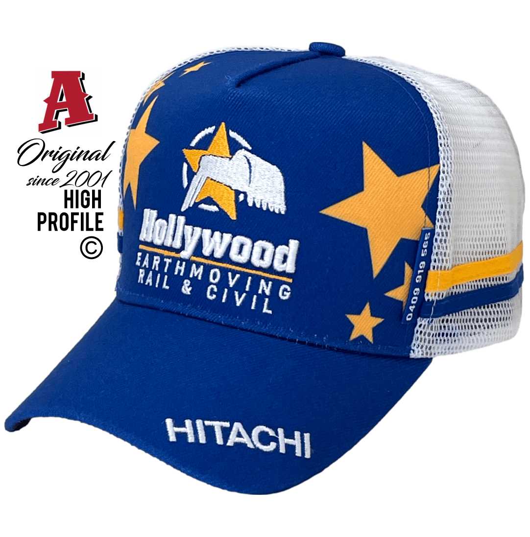 Hollywood Earthmoving Rail & Civil Rockhampton 4702 Power Aussie Trucker Hats with Australian HeadFit Crown 2 SideBands & snapback rear Closure Royal Blue-White Civil Construction