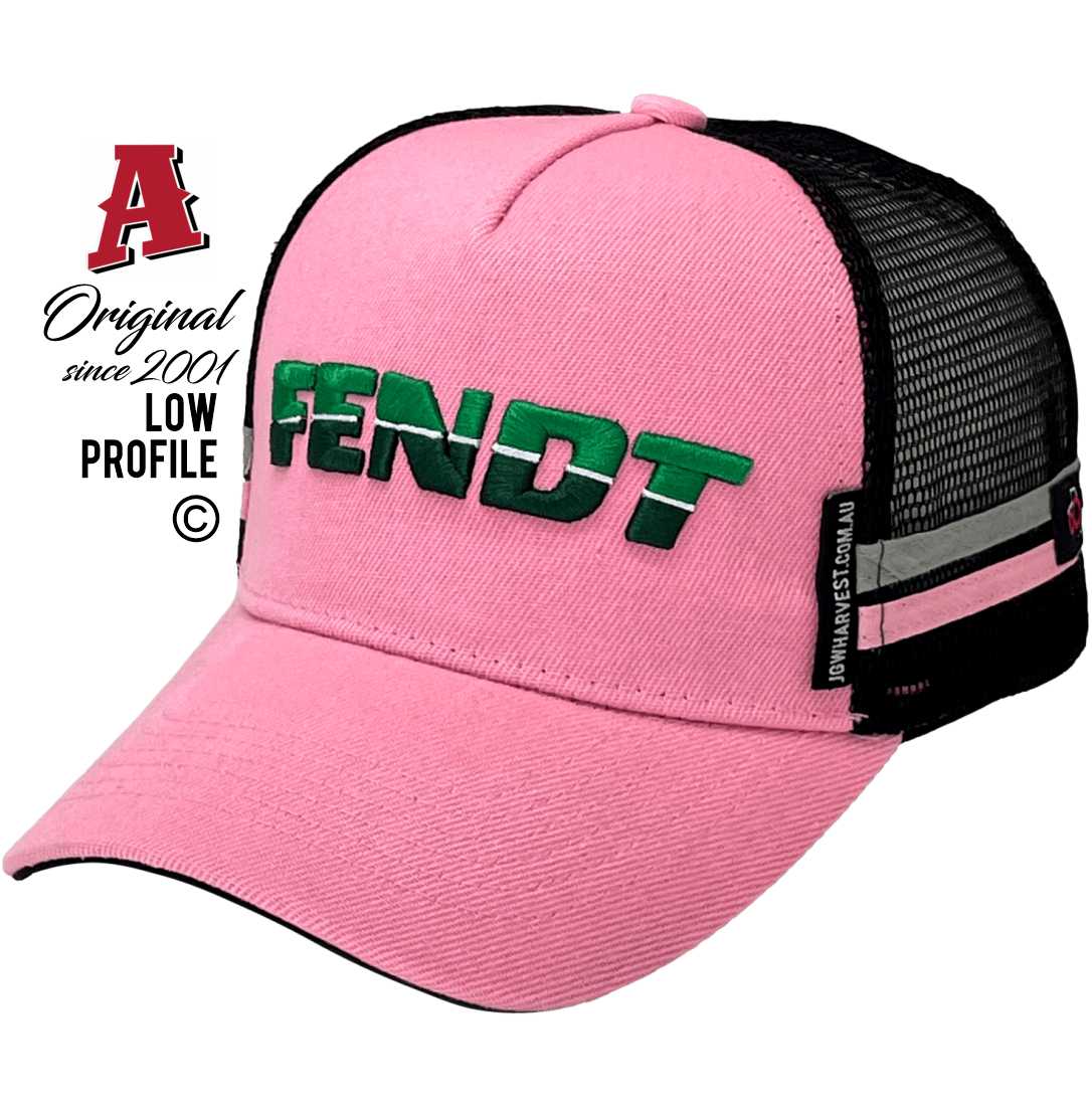 JGW industries Cowra & Wagga Wagga NSW Midrange Aussie Trucker Hats with Australian HeadFit Crown Low Profile 2 SideBands & snapback rear closure Pink Black Farm Machinery