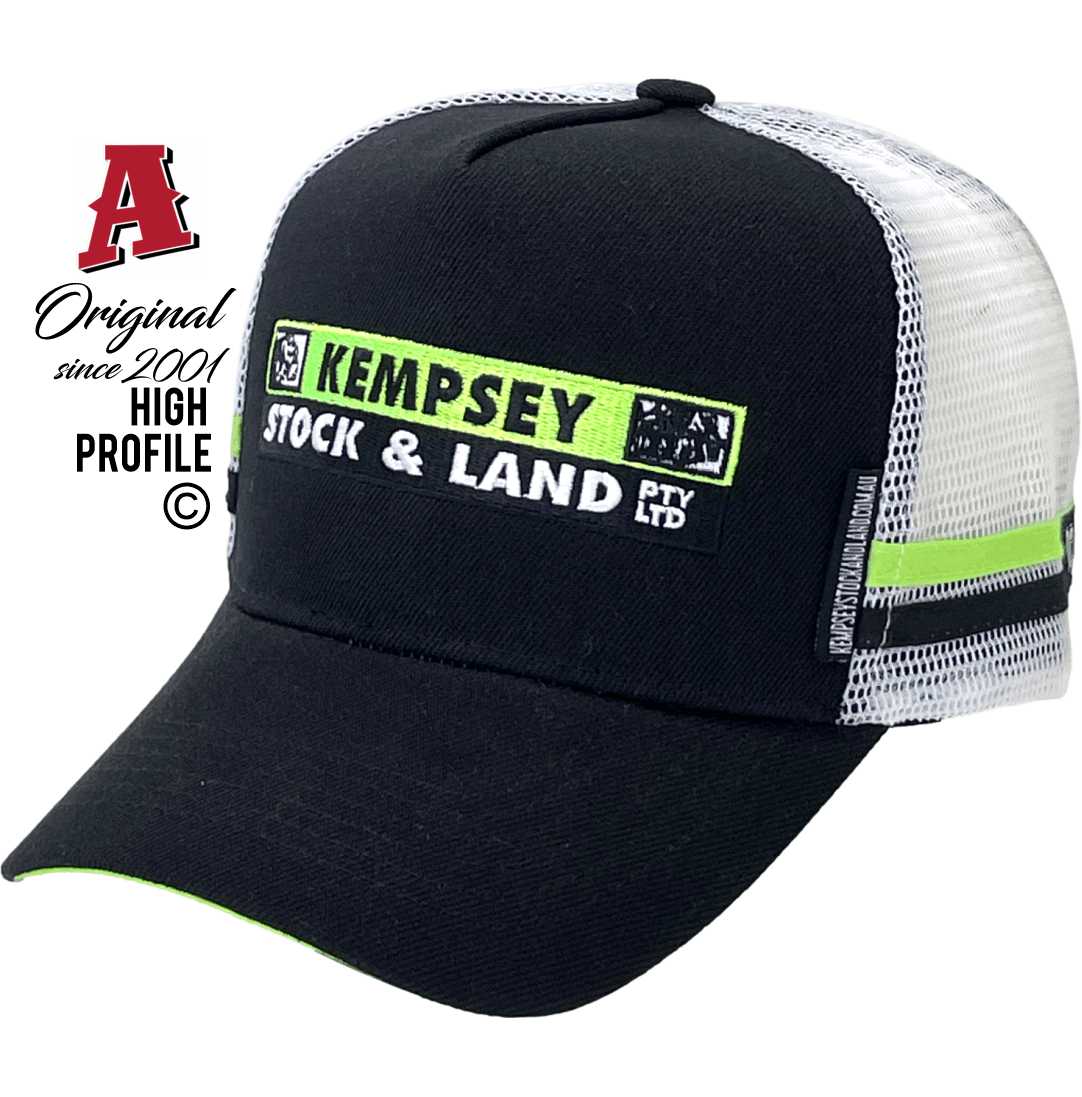 Kempsey Stock & Land Kempsey NSW Midrange Aussie Trucker Hats with Australian HeadFit Crown & 2 SideBands Snapback Rear Closure Black-White Lime Livestock