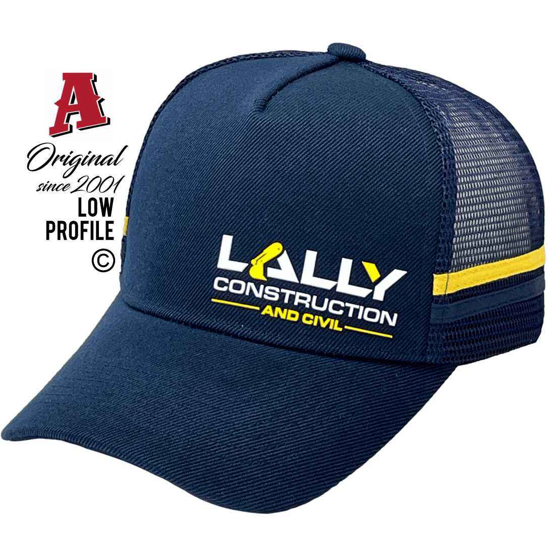 Lally Construction & Civil Midrange Aussie Trucker Hats with 3D Plasti-weld Logo & 2 SideBands & snapback rear closure Navy Yellow Construction