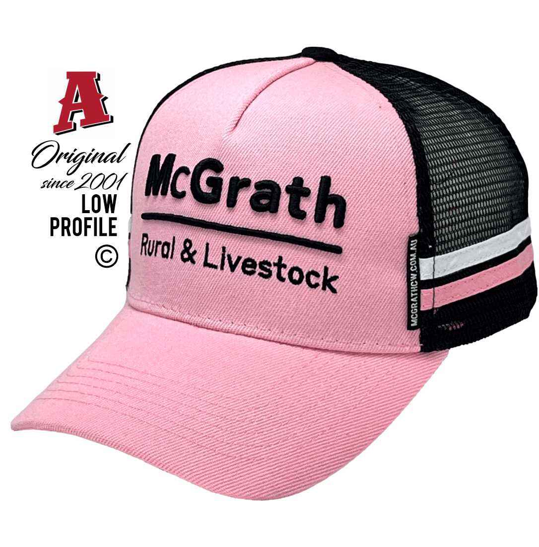 McGrath Rural Livestock Orange NSW LP Midrange Aussie Trucker Hats with 2 SideBands 3d Embroidery & snapback rear closure Pastel Pink Black