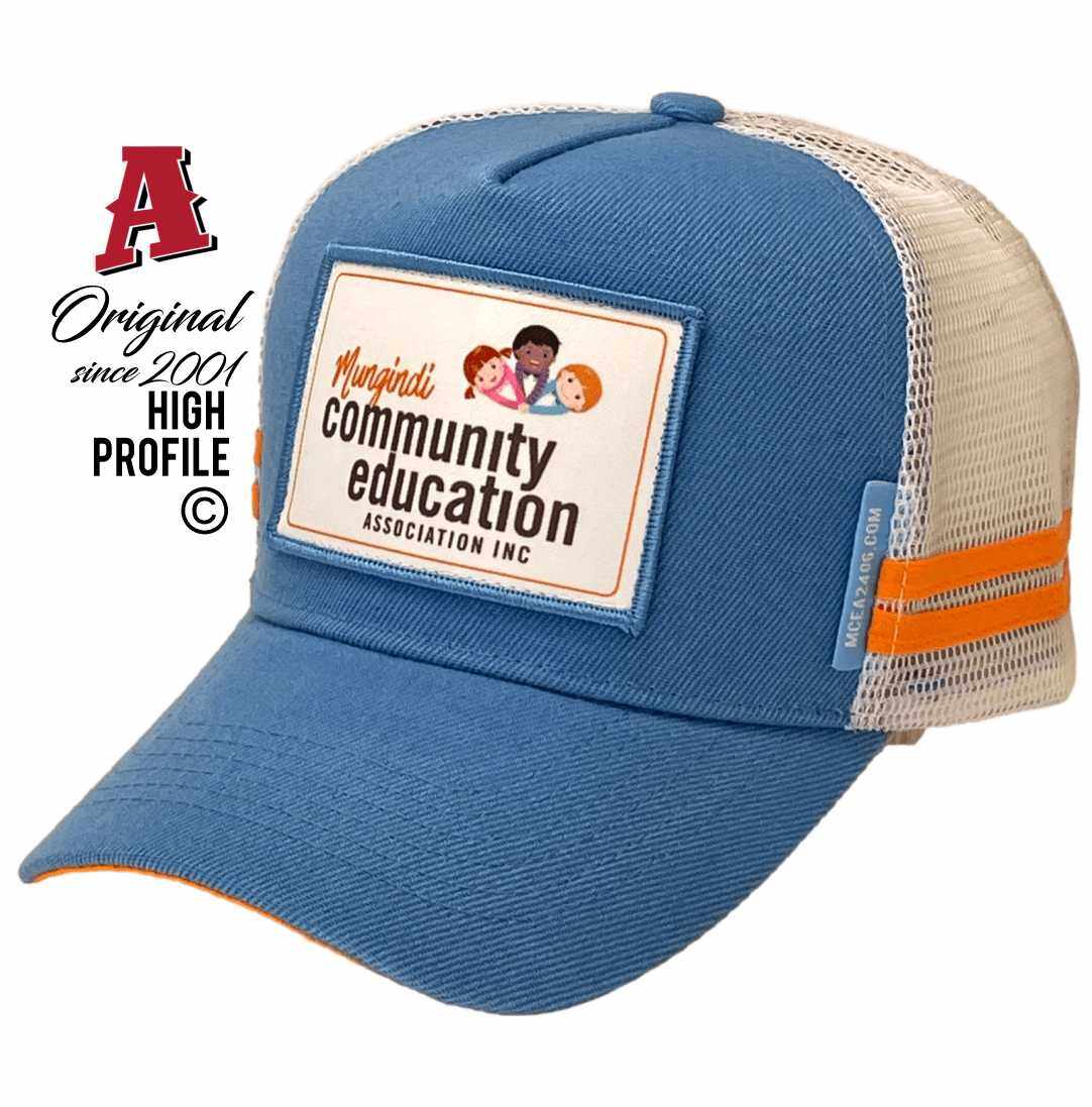 Mungindi Community Education Association Inc Midrange Aussi Trucker Hats with Australian HeadFit Crown & 2 sideBand with snapback rear closure blue white