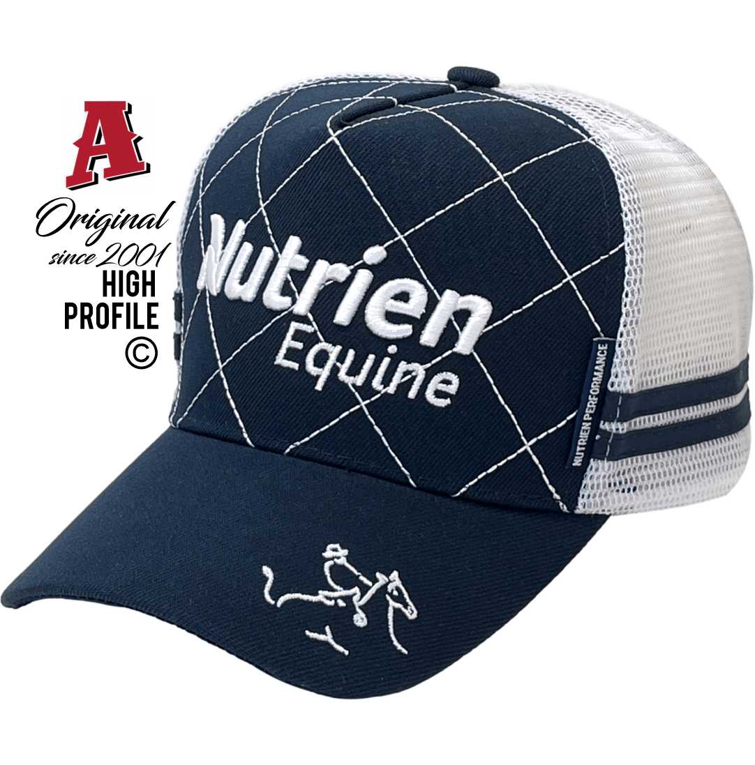 Nutrien Equine Tamworth NSW Power Aussie Trucker Hats with Australian HeadFit Crown & double SideBands snapback rear closure Navy White Farm Livestock