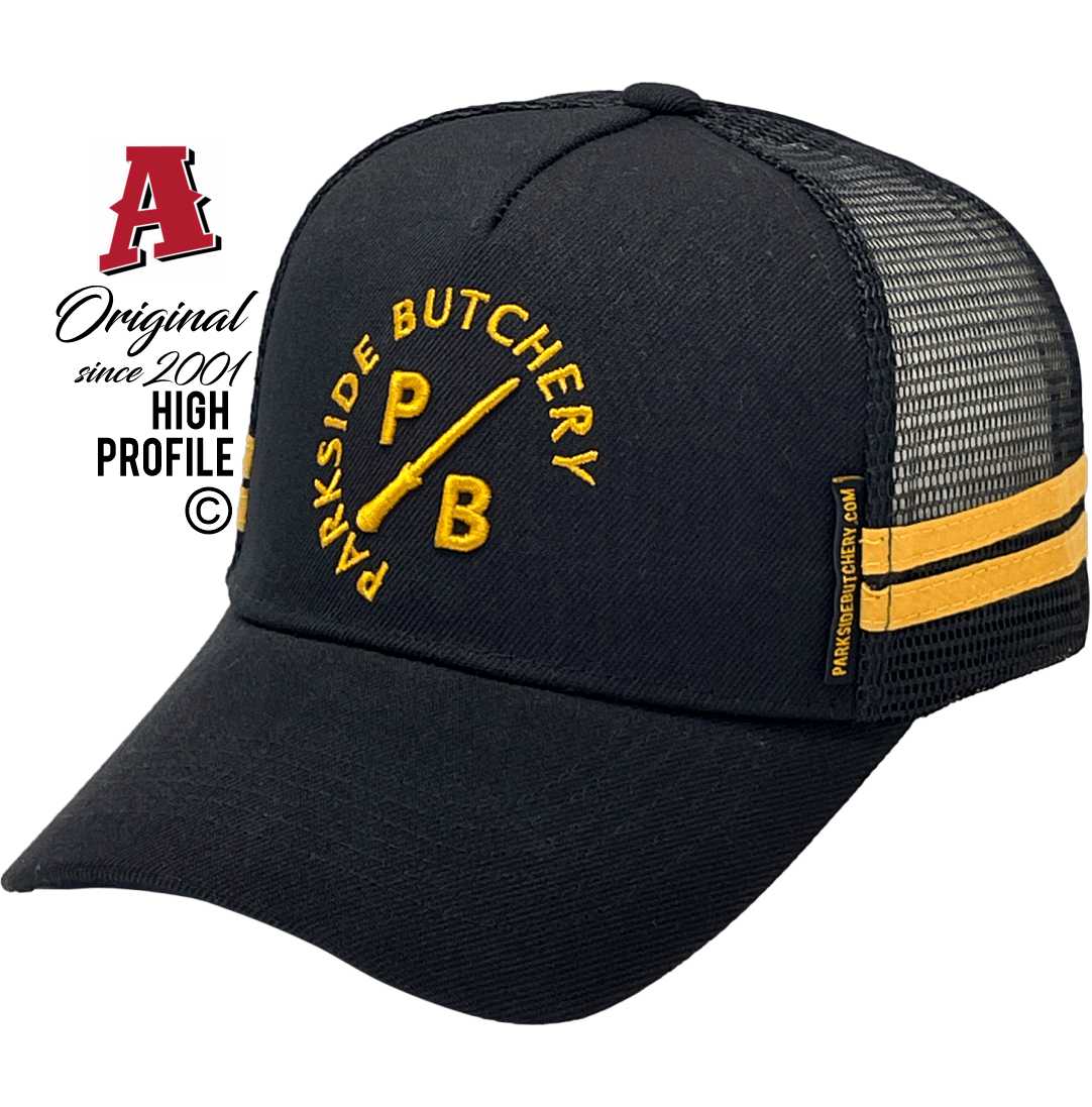 Parkside Butchery West Mackay QLD Basic Aussie Trucker Hats Australian HeadFit Crown with 2 SideBands & rear snapback rear closure black- gold Livestock