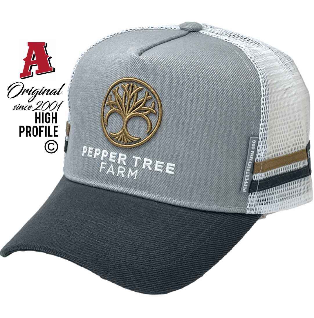 Pepper Tree Farm Cowra NSW Midrange Aussie Trucker Hats with Austrlian HeadFit Crown Gold Metallic 3D Thread 2 SideBands & snapback rear closure Grey Charcoal Livestock