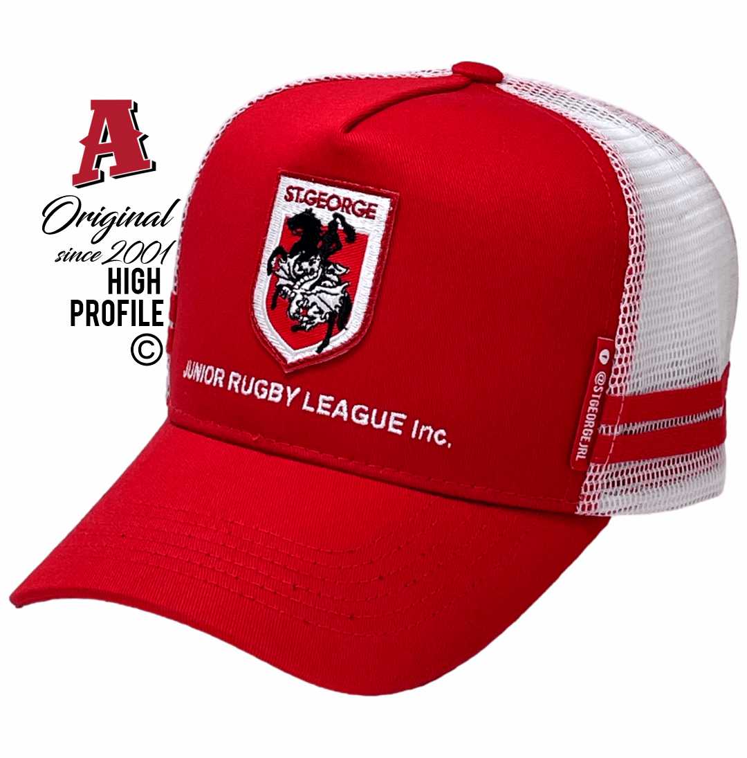 St George Junior Rugby Leauge St George Qld Midrange Aussie Trucker Hats with Australian HeadFit Crown & Double SideBands with snapback rear closure & Enbroidered Badge