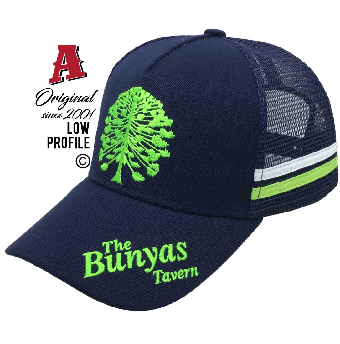 The Bunyas Tavern Bunya Mountains QLD Low Profile Midrange Aussie Trucker Hats with Australian HeadFit Crown and Double SideBands with snapback rear closure Low Profile