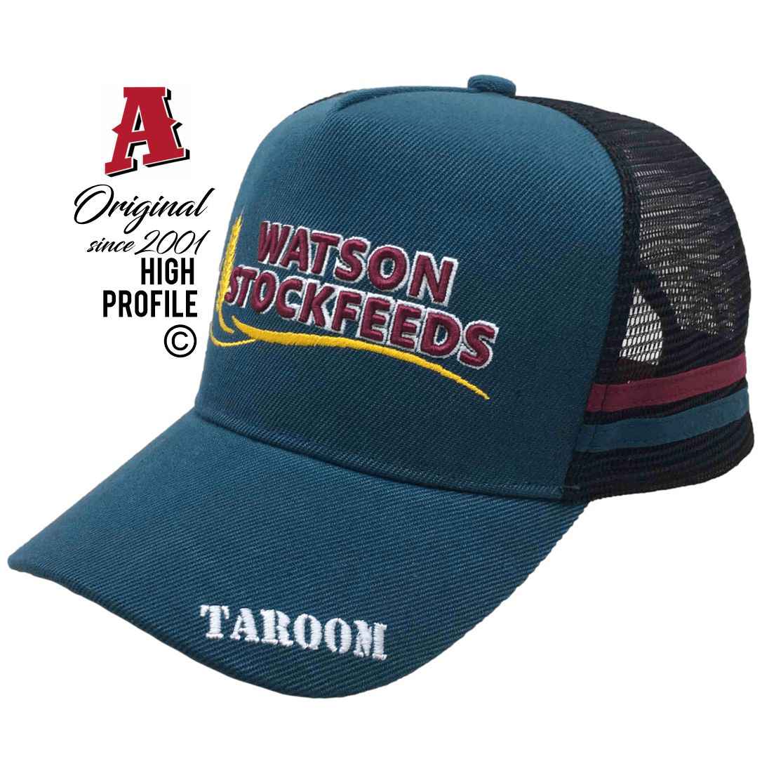 Watson Stockfeeds Taroom Qld HP Original Midrange Aussie Trucker Hat with Australian Head Fit Crown and Double Side Bands Purple Aqua