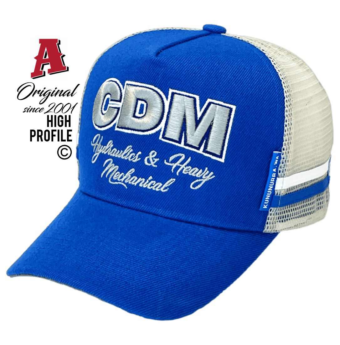 CDM Hydraulics & Mechanical Ununurra WA 6743 Midrange Aussie Trucker Hats Australian HeadFit Crown & 2 SideBands snapback rear closure blue grey Machinery