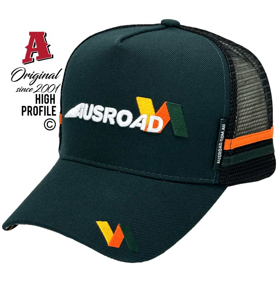 Ausroad Plant Services Arcadia Ridge Qld Midrange Aussie Trucker Hats, Australian HeadFit Crown & 2 SideBands snapback rear clousure Green Black Transport