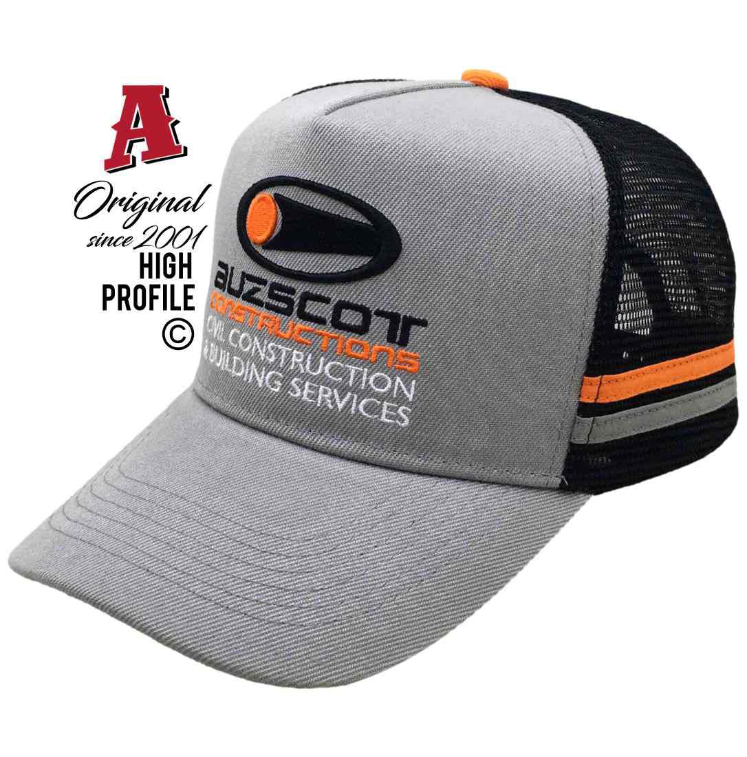 Auzscot Constructions Cloncurry QLD 4824 Midrange Aussie Trucker Hats Australian HeadFit Crown & 2 SideBands snapback rear clousure grey black Construction