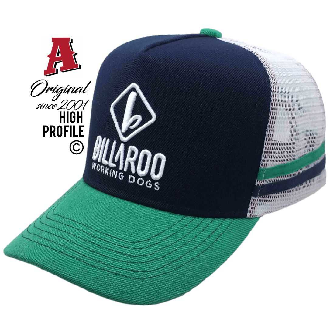 Billaroo Working Dogs Wallumbilla QLD 4428 Midrange Aussie Trucker Hats, Australian HeadFit Crown & 2 SideBands snapback rear clousure Navy blue White Livestock