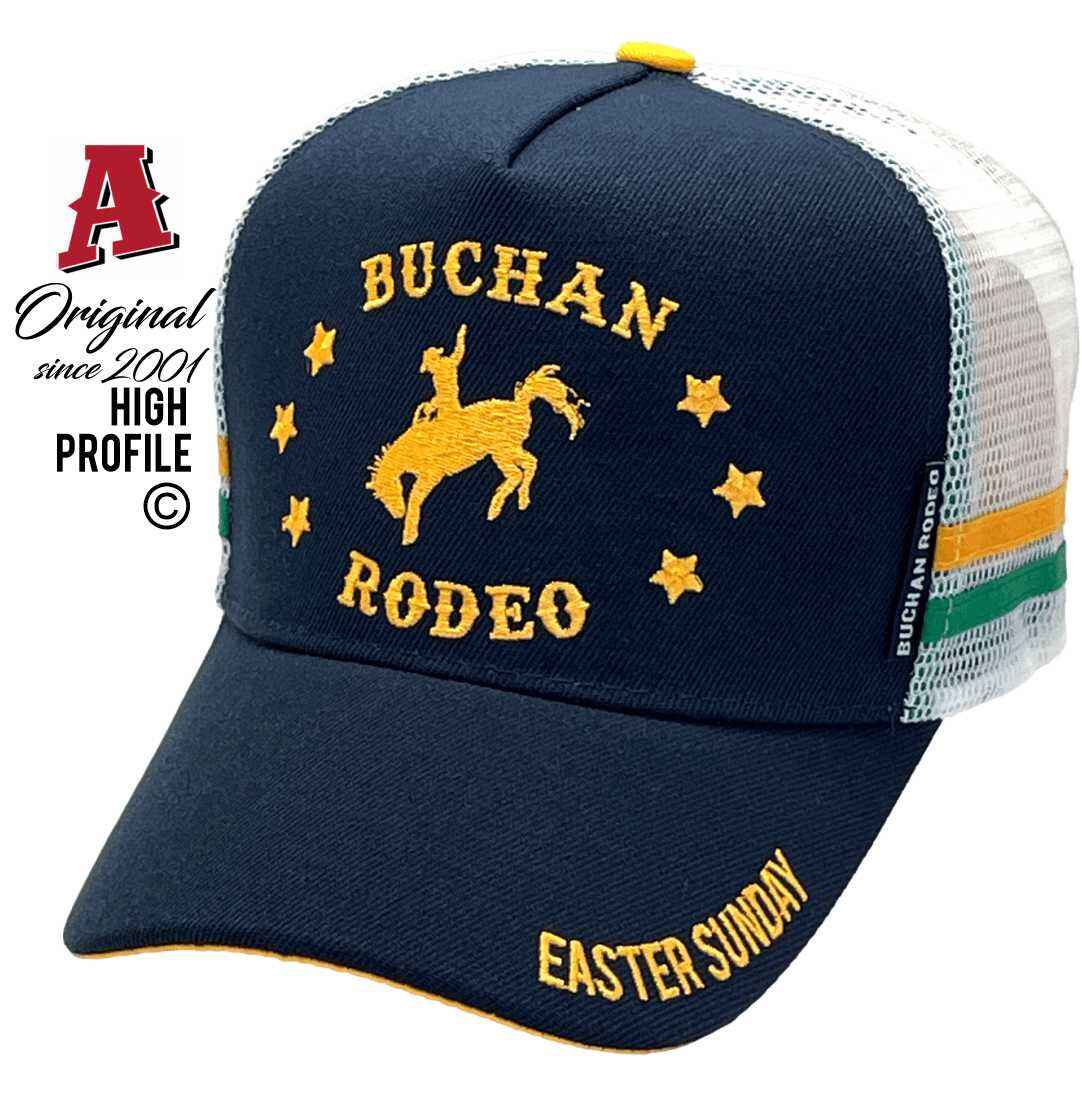 Buchan Rodeo Easter Sunday Butchers Ridge Vic Midrange Aussie Trucker Hats With Australian HeadFit Crown & 2 SideBands with snapback Rear Closure Navy Blue white Rodeo Sports