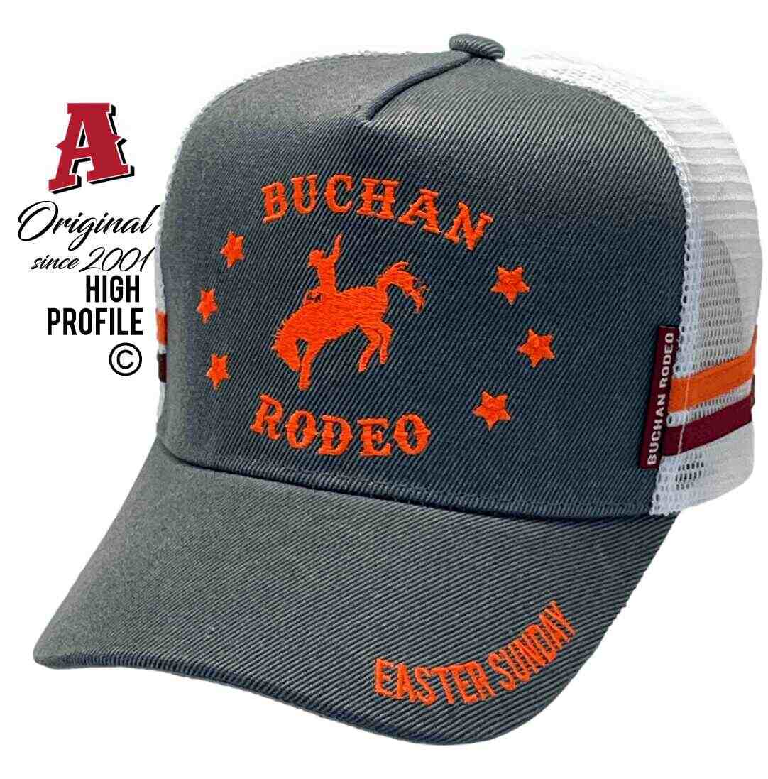 Buchan Rodeo Easter Sunday Butchers Ridge Vic Midrange Aussie Trucker Hats With Australian HeadFit Crown & 2 SideBands with snapback Rear Closure Dark Grey white Rodeo Sports