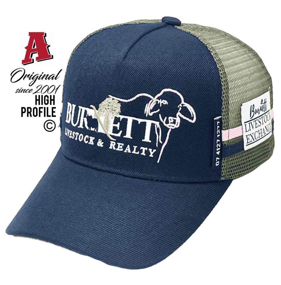 Burnett Livestock & Realty Biggenden QLD 4621Midrange Aussie Trucker Hats Australian HeadFit Crown & 2 SideBands snapback rear closure Navy Army Green Livestock