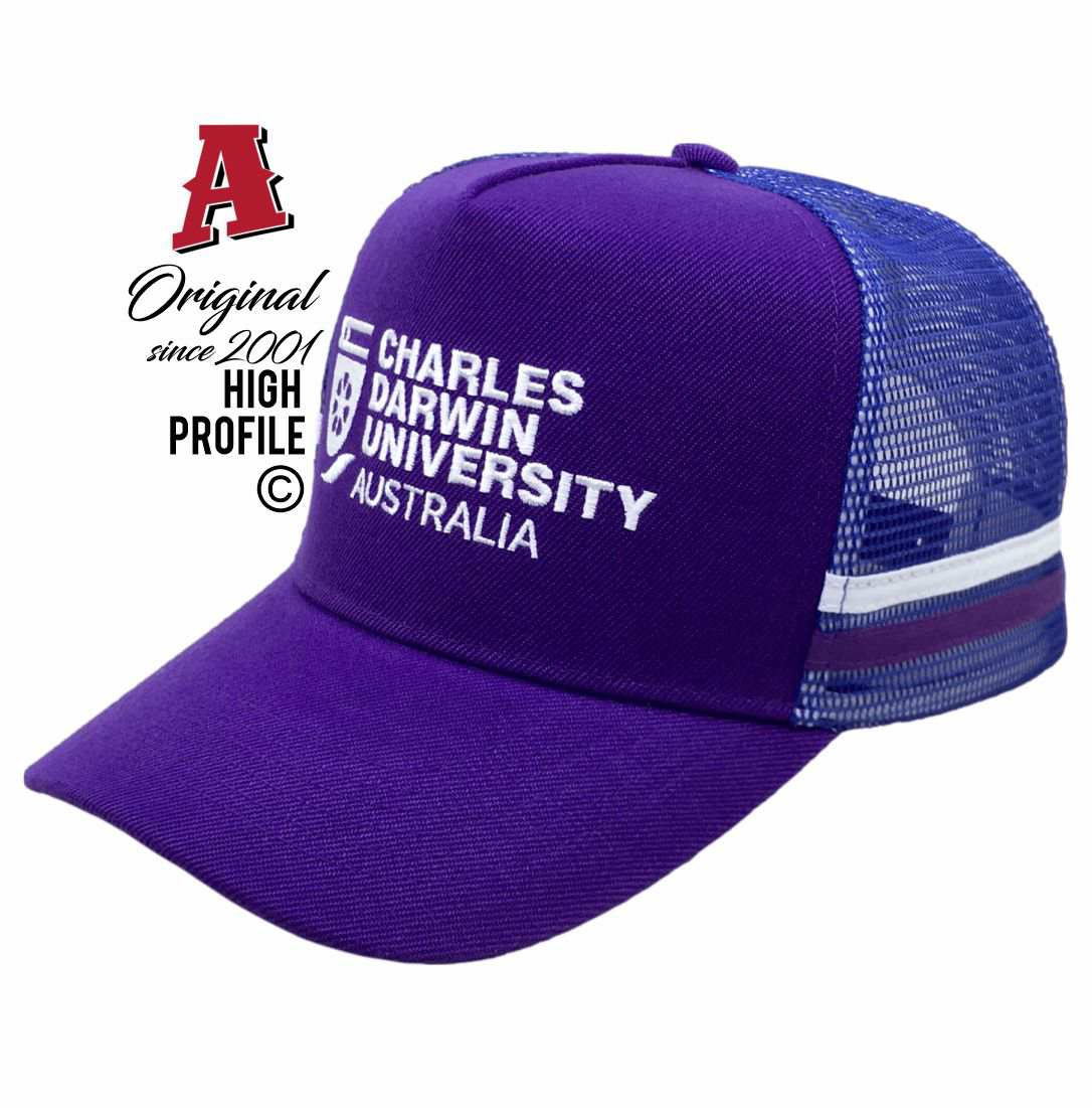 Charles Darwin University Australia Katherine NT 0850 HP Midrange Aussie Trucker Hats Australian HeadFit Crown & Double Side Bands snapback rear closure purple