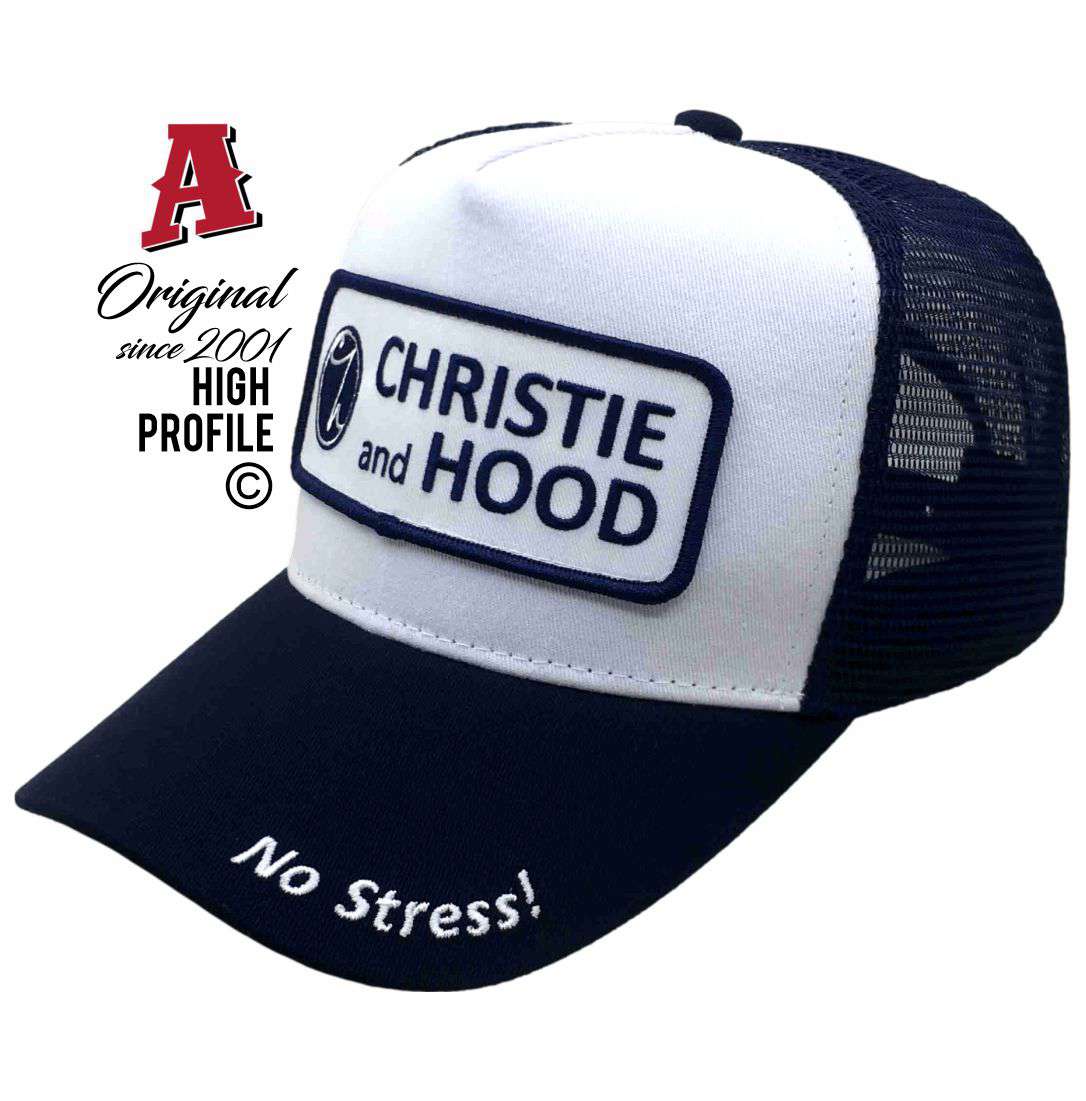 Christie and Hood Dubbo NSW HP Midrange Aussie Trucker Hats Australian HeadFit Crown & snapback rear closure white navy Livestock