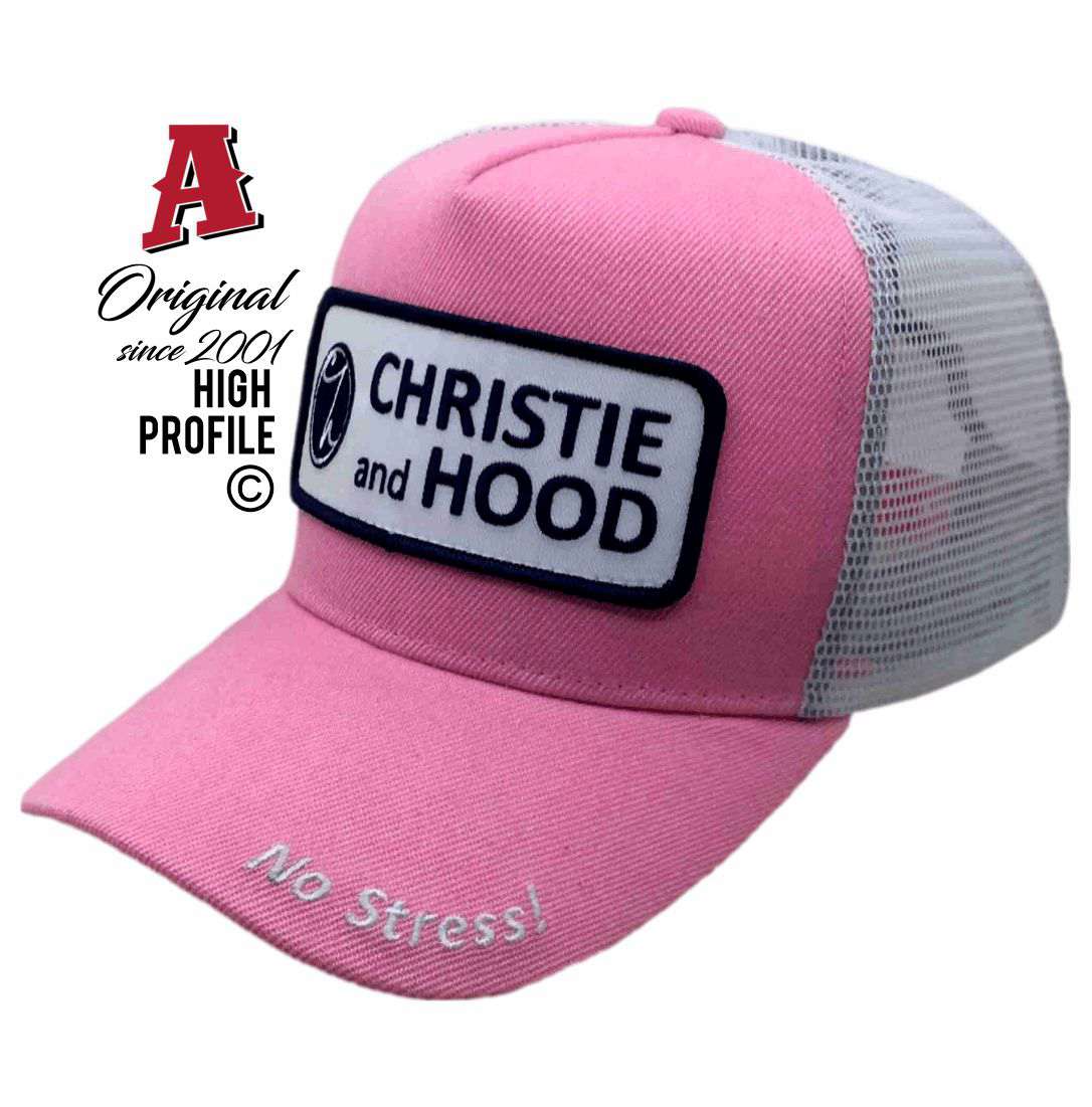 Christie and Hood Dubbo NSW HP Midrange Aussie Trucker Hats Australian HeadFit Crown snapback rear closure pink white Livestock