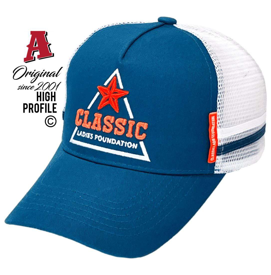 Classic Ladies Foundation Australia Moama NSW 2731 HP Midrange Aussie Trucker Hats with Australian HeadFit Crown & Double SideBands snapback rear clousure teal white Local Events