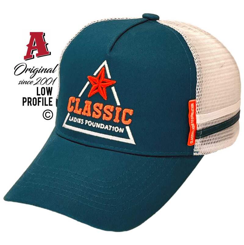 Classic Ladies Foundation Moama NSW 2731 Low Profile Basic Aussie Trucker Hats Australian HeadFit Crown & duel SideBands snapback rear closure teal white Local Events Not For Profit Foundation