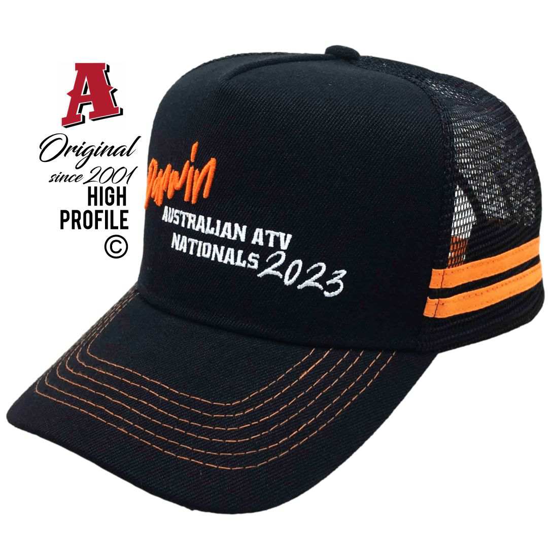 Darwin Australian ATV Nationals 2023 Midrange Aussie Trucker Hats Australian HeadFit Crown & 2 SideBands snapback rear closure black Sports