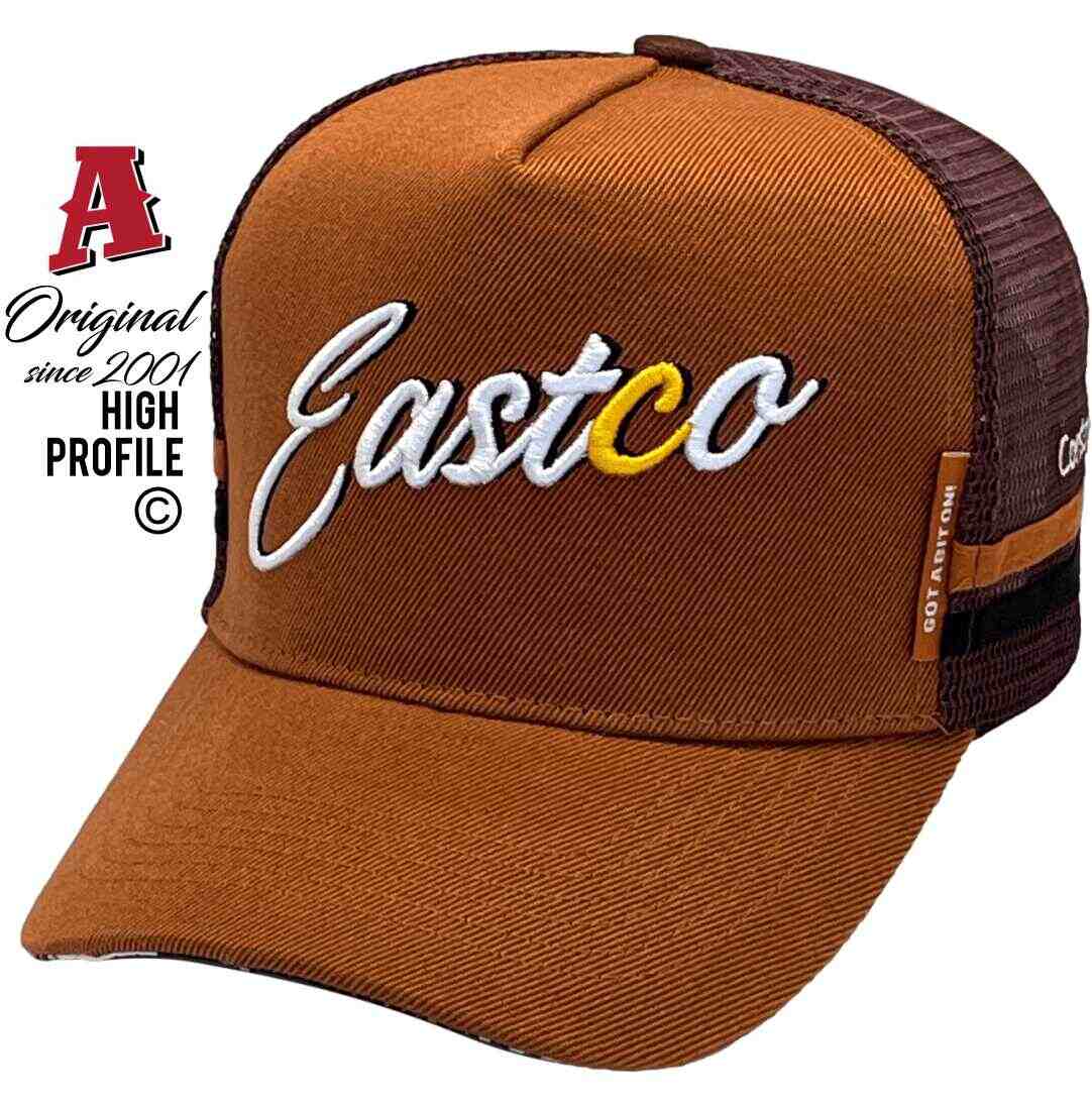 East Co Construction Solutions Brendale Qld Midrange Aussie Trucker Hats wirh Australian HeadFit Crown & @ SideBands snapback rear closure construction brown