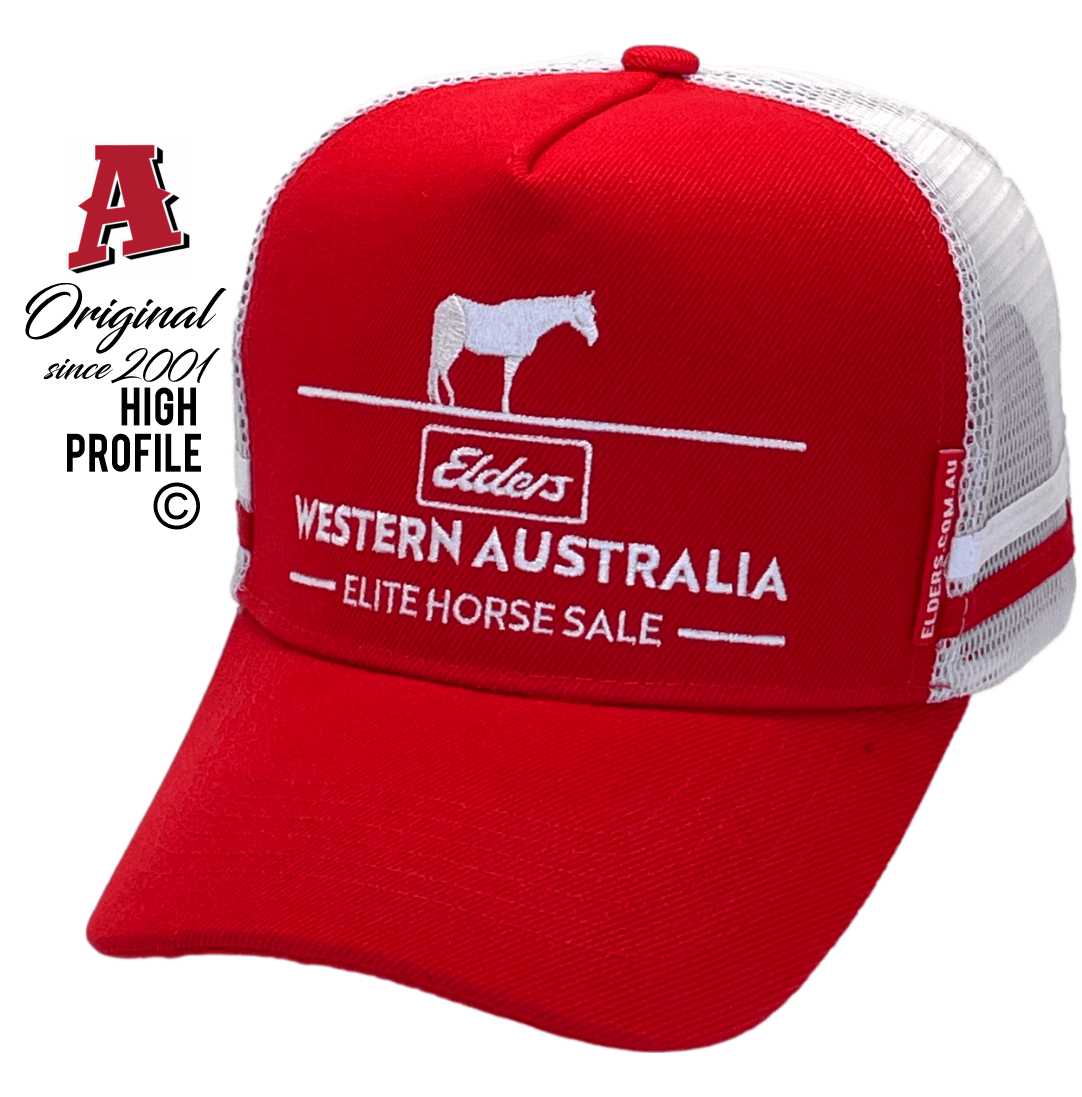 Elders Elite Horse Sale Belmont Western Australia Midrange Aussie Trucker Hats wirh Australian HeadFit Crown & 2 SideBands with snapback rear closure red white Livestock