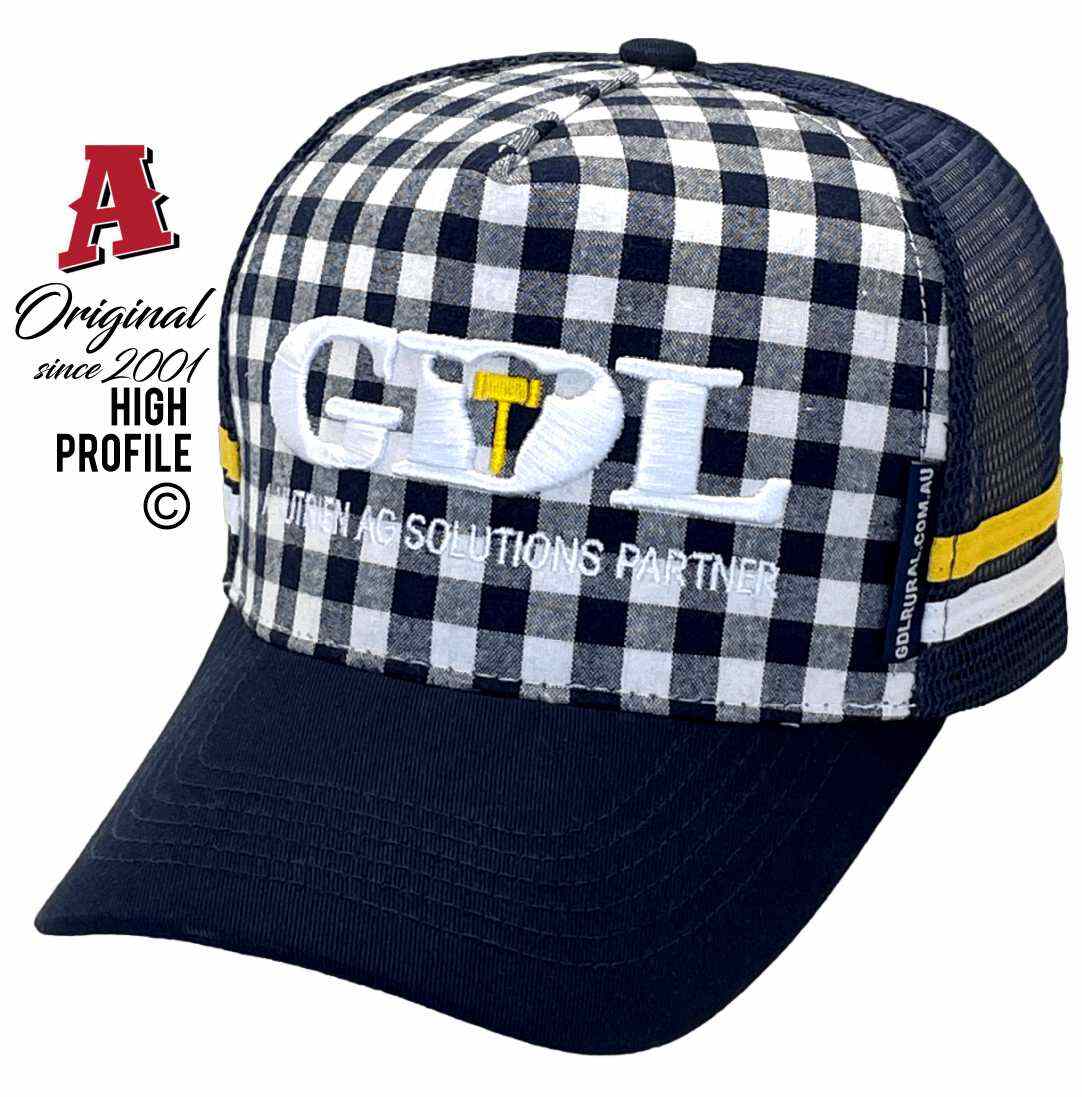 GDL Grant Daniel & Long Dalby QLD Midrange Aussie Trucker Hats with 2 SideBands & Snapback rear adjuster Navy White Gingham Rural Services