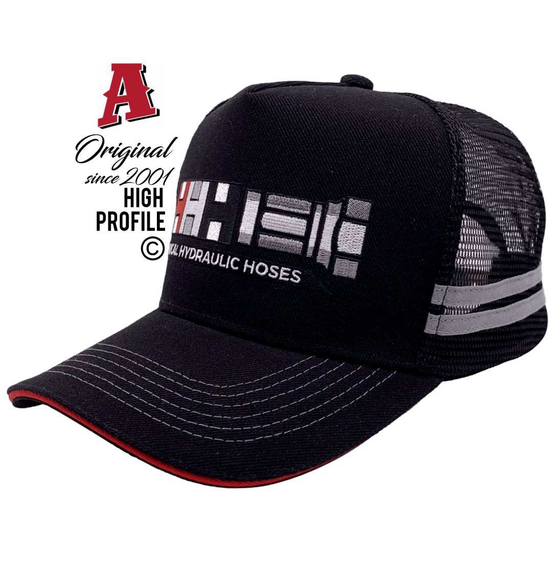 Haical Hydraulic Hose Services Millmerran QLD 4357 HP Power Aussie Trucker Hats Australian HeadFit Crown & 2 SideBands snapback rear closure black Machinery