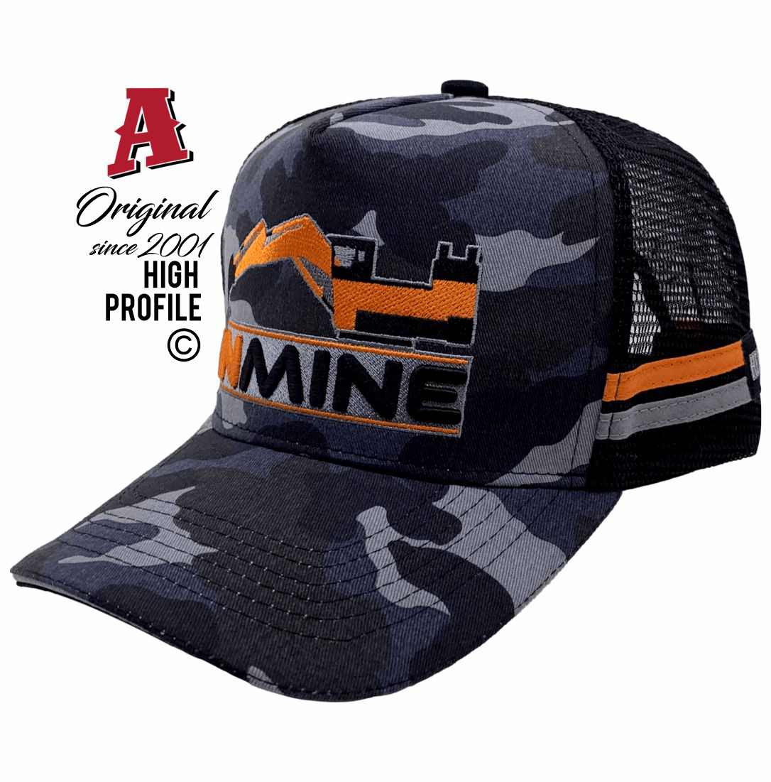 INMINE Coolum Beach QLD 4573 HP Power Trucker Aussie Trucker Hats Australian HeadFit Crown & Double SideBands snapback rear closure camo black Machinery