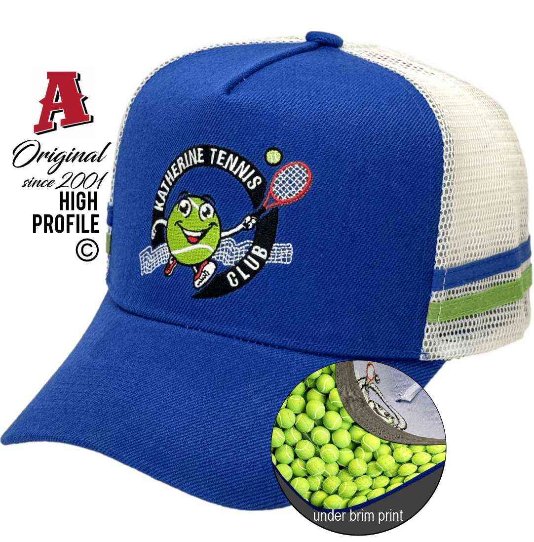 Katherine Tennis Club Katherine NT Midrange Aussie Trucker Hats with Australian HeadFit Crown & Double sideBands with snapback rear closure Royal Blue White Lime sports