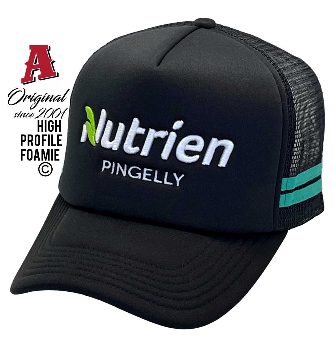 Nutrien Pingerlly Western Australia Foamie Aussie Trucker Hat with 2 SideBands Black Black with snapback rear closure Black Black Green Livestock Merchandise