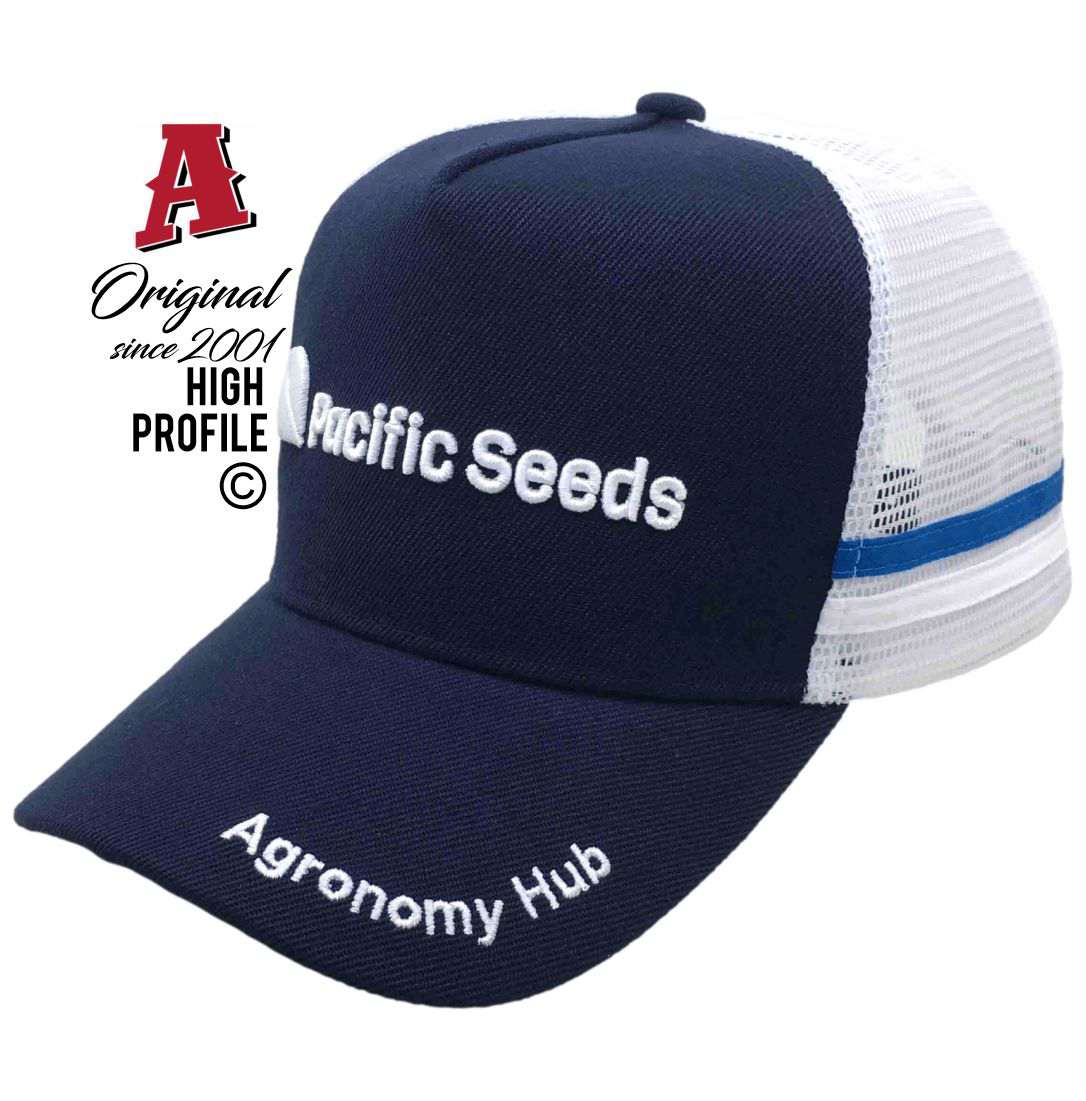 Pacific Seeds Toowoomba QLD 4350 Midrange Aussie Trucker Hats Australian HeadFit Crown & 2 SideBands snapback rear clousure Navy White