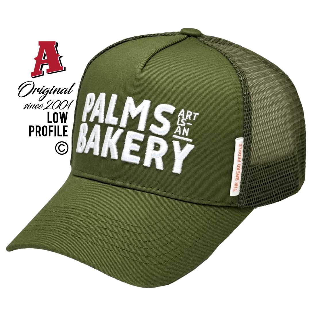 Palms Bakery Charlotte Bay NSW Basic Aussie Trucker Hats Low Profile with Australian HeadFit Crown & snapback rear closure Olive green with 3D embroidery Small business Bakery