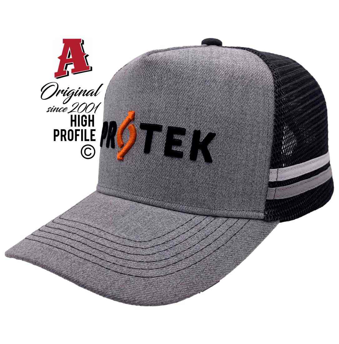 Protek Australia Kings Park NSW 2148 Midrange Aussie Trucker Hats Australian HeadFit Crown & 2 SideBands snapback rear closure grey black Construction