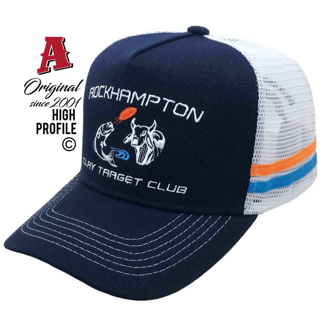 Rockhampton Clay Target Club Parkhurst QLD 4702 Midrange Aussie Trucker Hats Australian HeadFit Crown & 2 SideBands snapback rear clousure navy blue white sports