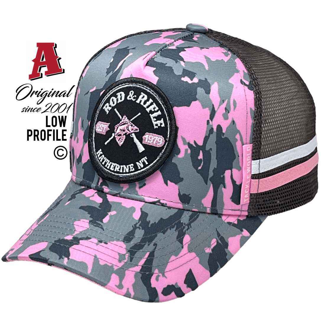 Rod & Rifle Katherine NT Midrange Aussie Trucker Hats with Australian HeadFit Crown & 2 SideBands Snapback rear closure Pink-Grey-Black Hunting