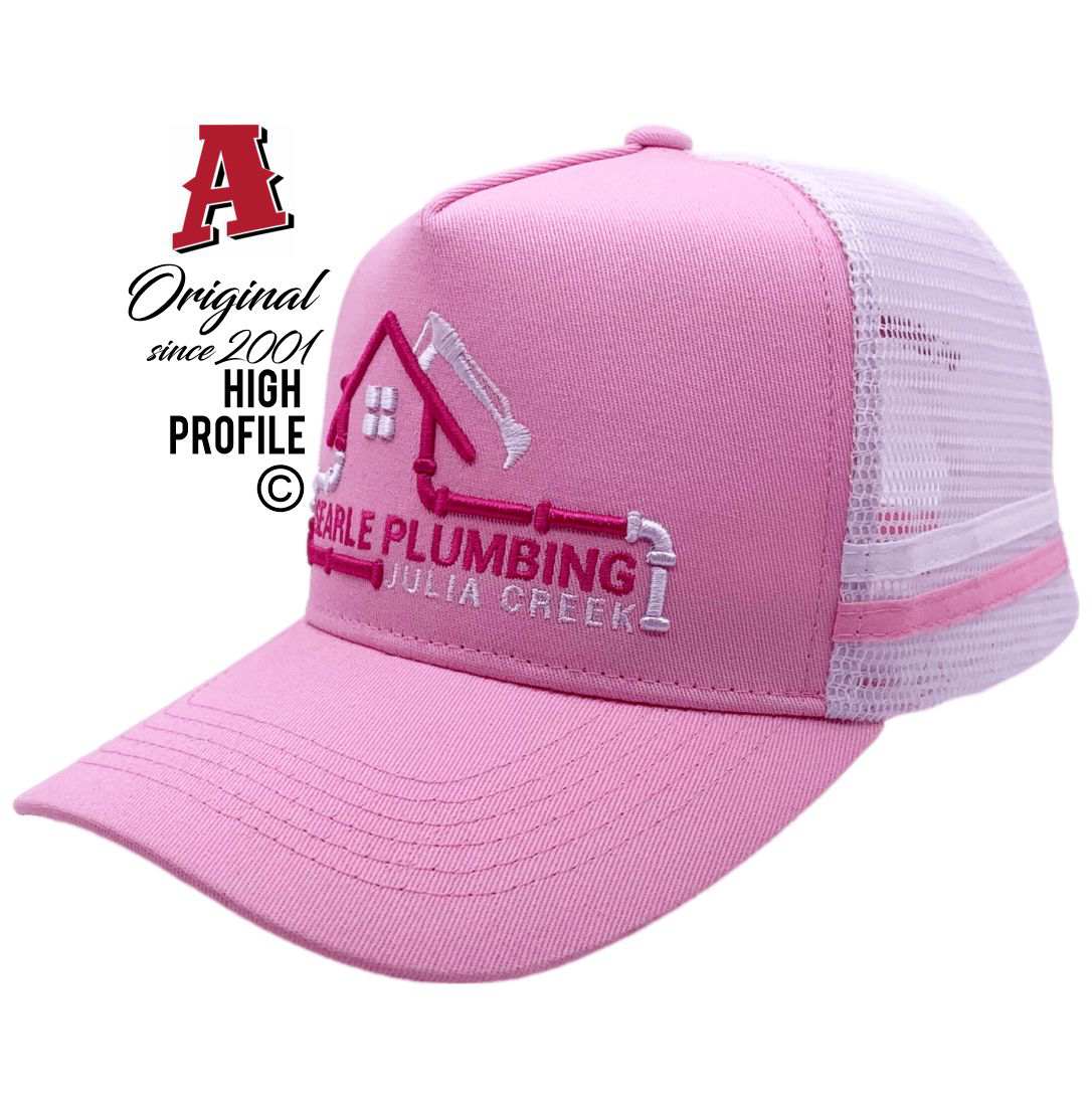 Searle Plumbing Julia Creek QLD 4823 Power Trucker Aussie Trucker Hats Australian HeadFit Crown & 2 SideBands snapback rear closure pink Tradesman