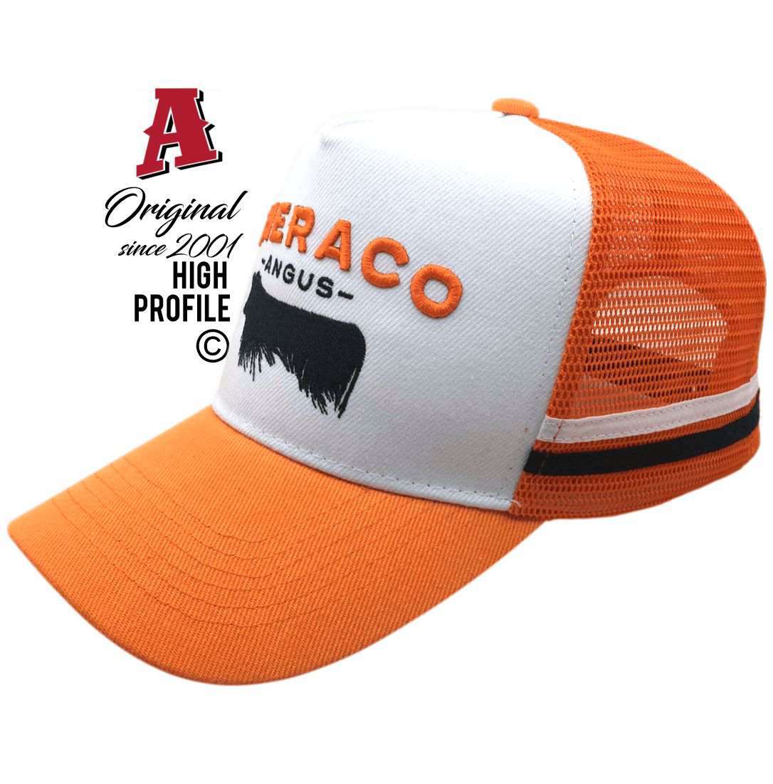 Sheraco Angus Avenus Range SA 5273 Midrange Aussie Trucker Hats Australian HeadFit Crown & 2 SideBands snapback rear closure white orange Livestock