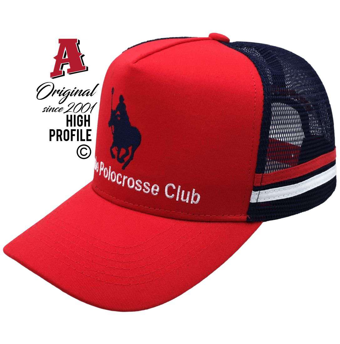 Tambo Polocrosse Club Tambo QLD 4478 Midrange Aussie Trucker Hats Australian HeadFit Crown & 2 SideBands snapback rear clousure Red Navy blue