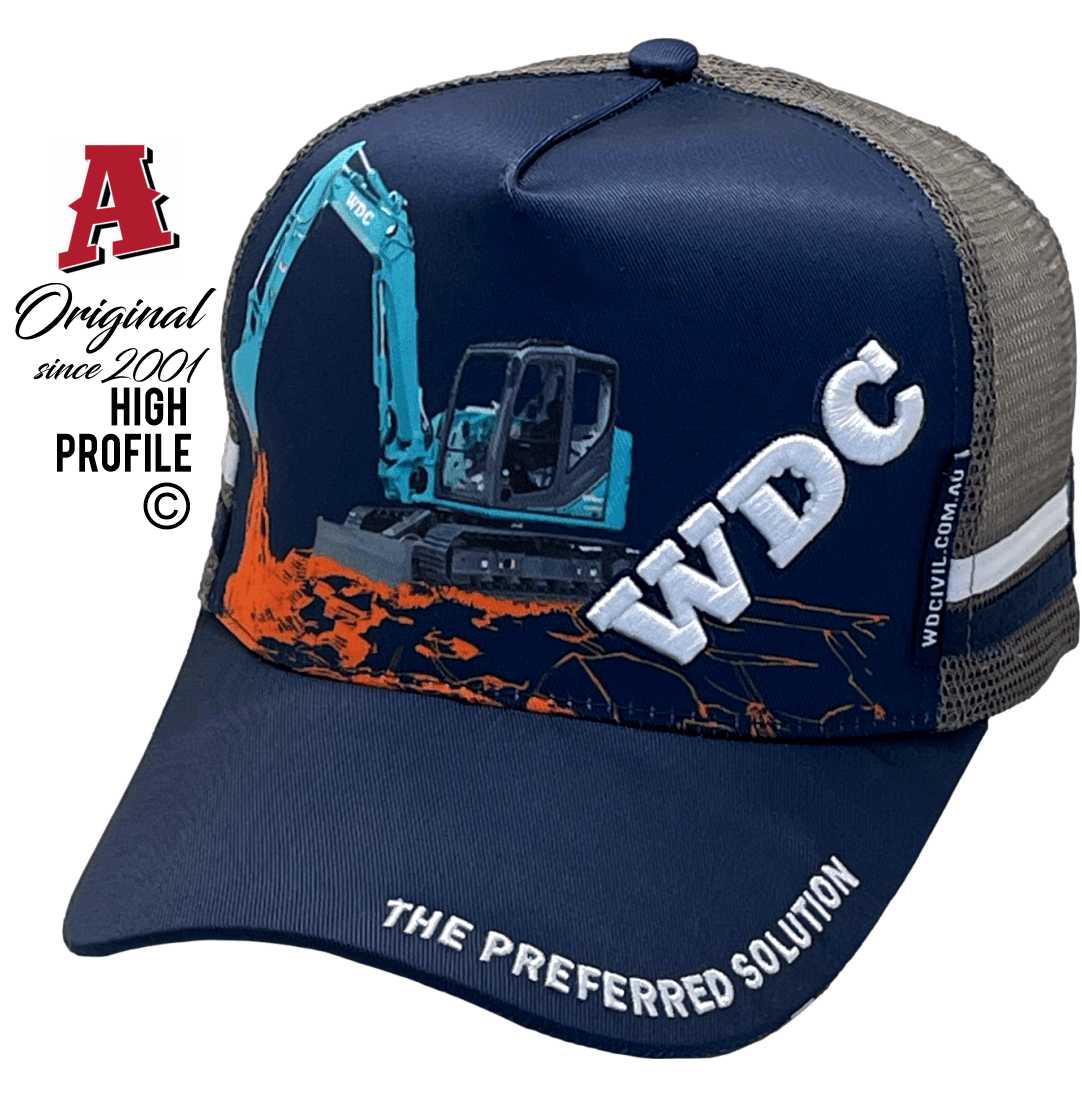 WD Civil Chinchilla Qld Midrange Aussie Trucker Hats with Australian HeadFit crown with Print & 3D enbroidery decoration & 2 SideBands snapback rear closure Navy Blue Grey White construction