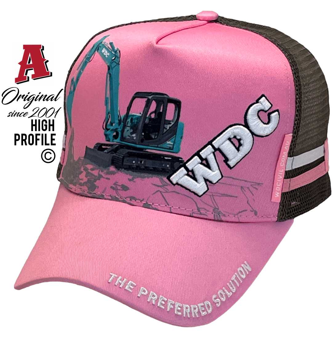 WD Civil Chinchilla Qld Midrange Aussie Trucker Hats with Australian HeadFit crown with Print & 3D enbroidery decoration & 2 SideBands snapback rear closure Pink Charcoal construction