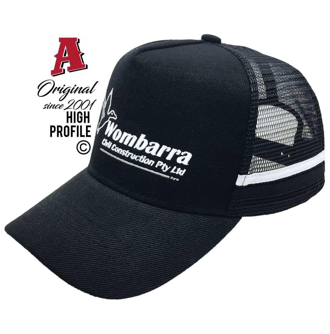 Wonbarra Wombarra Civil Construction Pty Ltd Knuckey Lagoon NT 0828 Midrange Aussie Trucker Hats Australian HeadFit Crown & 2 SideBands snapback rear clousure black Construction