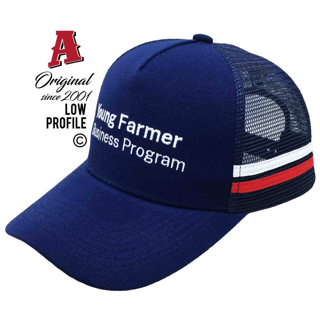 Young Farmer Business Program Tamworth NSW 2340 Midrange Aussie Trucker Hats Australian HeadFit Crown & 2 SideBands snapback rear closure Navy blue Farming