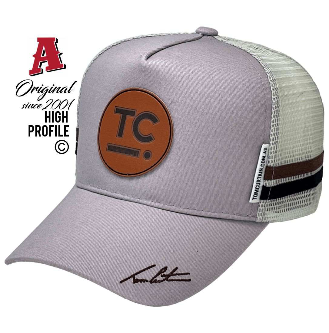 Tom Curtain 115 Collins Road Uralla NA 0805 Midrange Aussie Trucker Hat Australian HeadFit Crown & 2 SideBands snapback rear clousure light grey cream