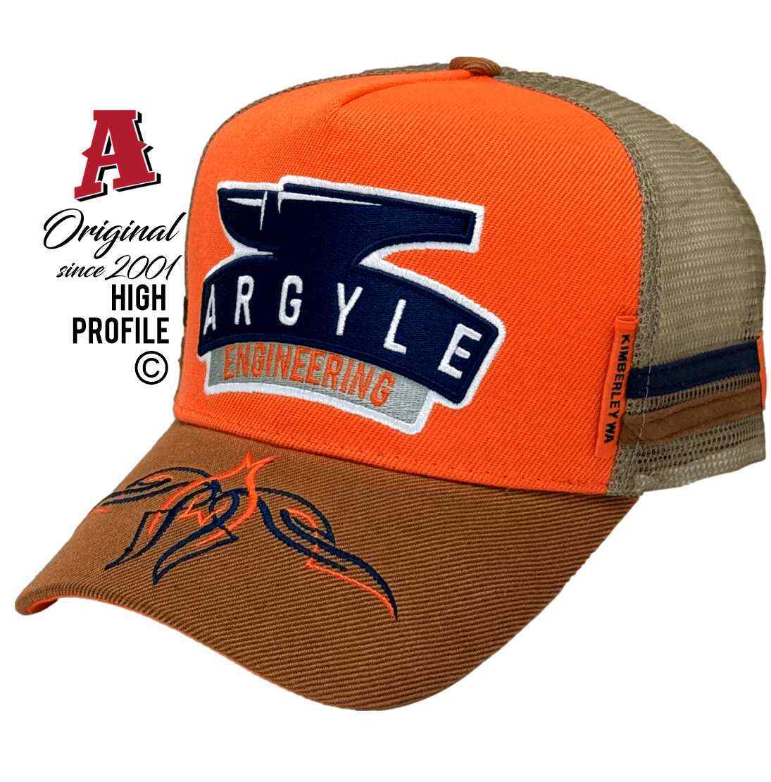 Argyle Engineering Kimberly WA Power Aussie Trucker Hats with Australian HeadFit Crown Embroidered design on brim double sideBands & Snapback rear closure Orange Brown Engineering, Tradesman