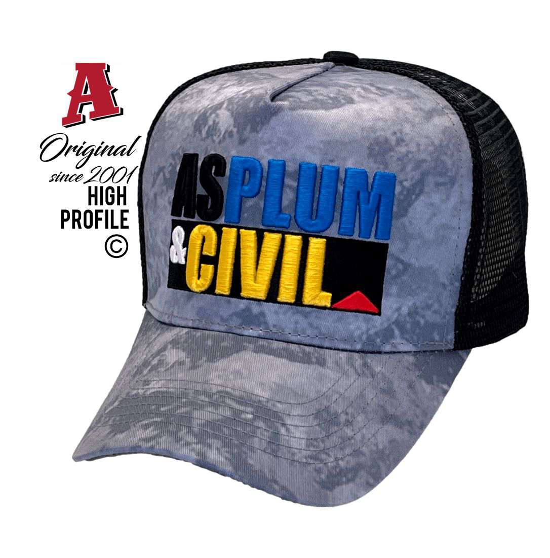 Asplum & Civil Ciccone NT 0871HP Basic Aussie Trucker Hats Australian HeadFit Crown & Double SideBands snapback rear closure slate grey black Construction